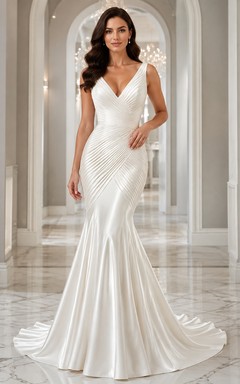 Simple Floor-length Sleeveless Bridal Ceremony Formal V-neck Mermaid/Trumpet Dress