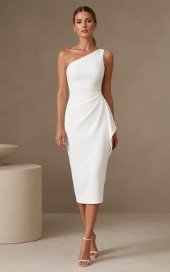 Asymmetric Midi White Sheath Tea-Length One-Shoulder Sleeveless Satin Modern Cocktail Dress