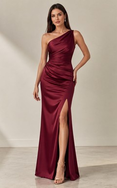 Burgundy Satin One-Shoulder Sleeveless Sheath Tea-length Split Dress
