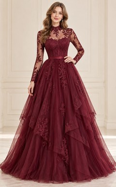 Robe de bal vintage bordeaux à col montant, manches longues en dentelle et tulle à volants