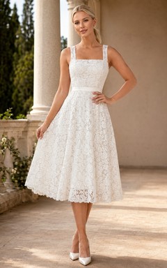 White Lace Square-Neck Sleeveless A-Line Tea-Length Occasion Dress