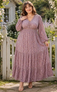 Vintage Mauve V-Neck Long-Sleeve Tiered Chiffon A-Line Floor-Length Boho Dress