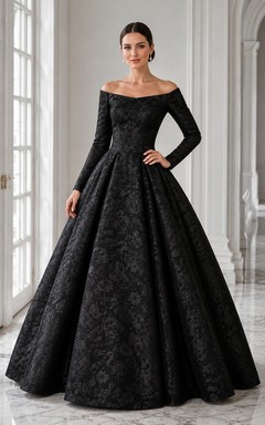Black Off-Shoulder Long Sleeve Jacquard Ball Gown Floor-Length Vintage Formal Dress