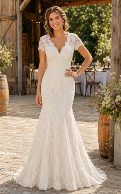 V Neck Short Sleeve Lace Mermaid Country Bridal Gown