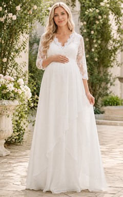 Robe de mariée/maternité romantique en mousseline, style empire, longue jusqu'au sol, col en V et manches trois-quarts, style Tender Garden Empire