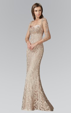Sheath Floor-Length Sweetheart Long Sleeve Lace Dress With Beading