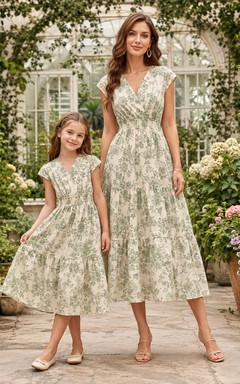 Sage Floral V Neck Cap Sleeve Matching Midi Dress