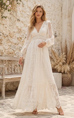 Vestido de novia bohemio vintage con escote en V, mangas largas de estilo poeta, encaje, falda escalonada y corte en A hasta el tobillo