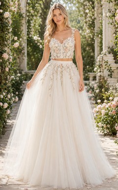 Floral Embroidered Crop Bodice Layered Tulle Garden Bridal Set