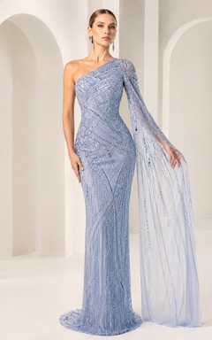Light Blue One Shoulder Beaded Cape Mermaid Evening Dress