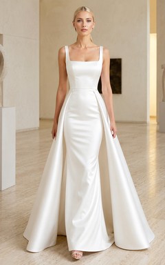Robe de mariée longue en satin, coupe trapèze, bretelles carrées, poches et décolleté carré