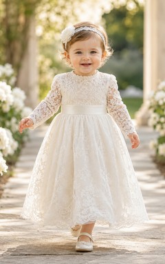Long Sleeve Christening Dress A-Line Lace Tulle High Neck Bow Back