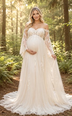 Vestido de novia premamá con hombros descubiertos, mangas acampanadas, encaje, corte en A, color bosque.