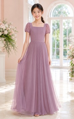 Vintage-Brautjungfernkleid in Mauve, A-Linie, eckig, kurze Ärmel, Puffärmel/Ballonfalten, romantisch