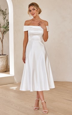 White Off-Shoulder Short-Sleeve Pleated Satin Simple A-Line Tea Cocktail Dress