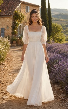 Robe de mariée champêtre en mousseline à col carré et manches bouffantes