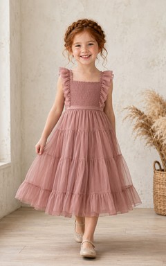 Vestido de niña de las flores, color rosa empolvado, tul, corte en A, escote cuadrado, largo midi, detalle de volantes, falda escalonada.
