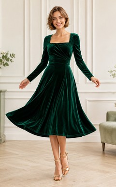 Dark Green Square Neck Long Sleeve Velvet Tea Dress Reception
