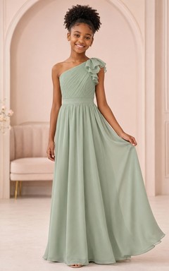 Dusty Celadon Junior Bridesmaid Dress A-Line One-Shoulder Short Sleeve Ruffled Romantic Formal