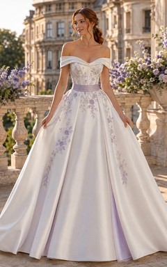 Lavender Floral A-Line Satin Bridal Dress Off-the-shoulder Short Sleeve Chapel Train
