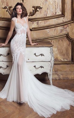 Gossamery Cap-Sleeve Illusion Tulle Vintage Wedding Dress With Lace And Court Train