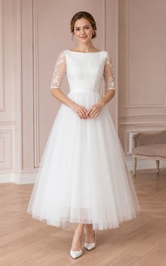 White Square Neck Lace Sleeve Tulle A-Line Floor-Length Dress