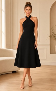 Vestido de cóctel sexy negro de satén con cuello alto, escote halter, corte en A y espalda descubierta, largo hasta la rodilla.