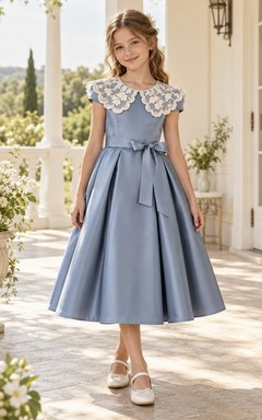 Vintage Tea-length Blue Cap Sleeve Floral Collar Bow Satin Flower Girl Dress