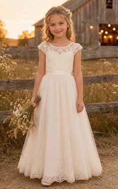 Blumenmädchenkleid aus Spitze und Tüll mit kurzen Ärmeln