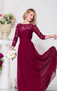 Kleid aus Chiffon in A-Linie mit U-Boot-Spitze, Illusion-Optik, 3-4 Ärmeln, Falten und bodenlang