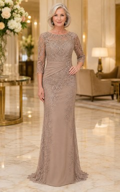 Taupe Three-Quarter Sleeve Lace Sheath Mother Dress