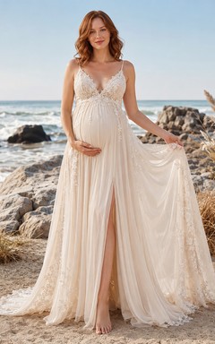 Maternity Wedding Dress Spaghetti Strap Lace Gown with Split Front and Beach Train