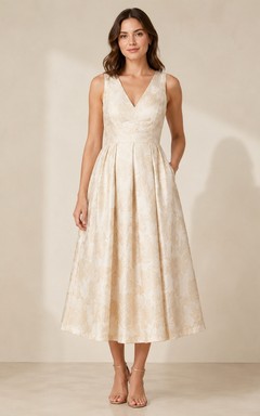 Champagne Jacquard Taffeta V-Neck A-Line Tea Length Elegant Formal Dress