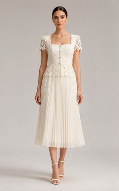 Square neck lace sleeve pleated tea length wedding dress