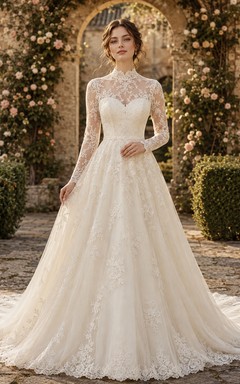 Modest Lace Tulle Wedding Dress A-Line High Neck Long Sleeve Chapel Train Bridal Gown