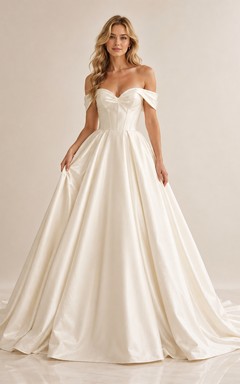 Lujoso vestido de novia de satén con escote corazón y hombros descubiertos, estilo capilla, romántico, corte cortejo nupcial.