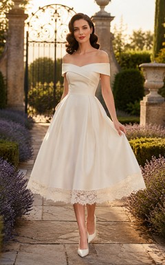 Robe de mariée vintage en satin, épaules dénudées, longueur thé, style champêtre, classique