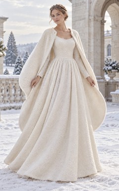 Modest Long Sleeve Scoop Neck A-line Wedding Draped Cape Dress