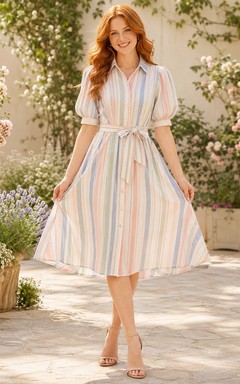 Pastel Striped Shirt Collar Puff Sleeve Garden Midi Dress