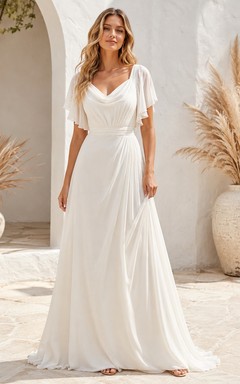 Vestido de novia blanco sencillo de corte A con escote en V y mangas cortas