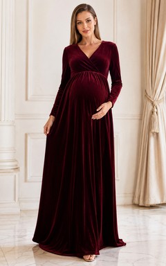 Robe de cérémonie élégante de maternité bordeaux en velours, col en V, manches longues, coupe empire et trapèze
