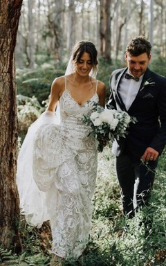 Spaghetti Country Boho Sheer Lace Etuikleid Hochzeitskleid
