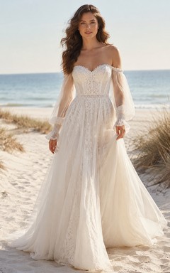 Bohemian Beach Off Shoulder Sweetheart Long Puff Sleeve Lace A-Line Sweep Train Wedding Dress