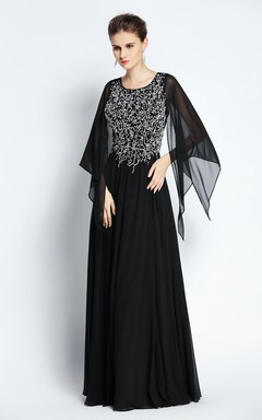 A-Linien-Abendkleid aus bodenlangem Chiffon mit langen Ärmeln, Perlenstickerei und Falten
