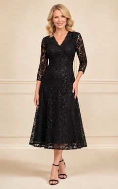 Vestido negro de corte A, encaje, escote en V, manga tres cuartos, largo midi, elegante y formal.