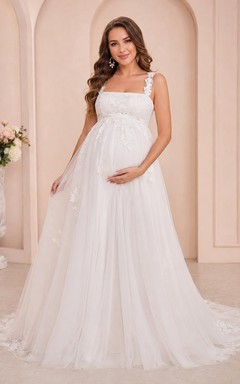 Maternity Empire Square Neck Tulle A-line Sweep Train Formal Gown