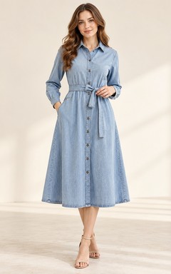 Robe-chemise mi-longue en jean bleu à manches longues, boutonnée sur le devant et ceinturée.