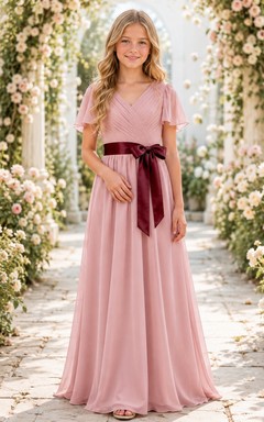 Elegantes, zartrosa Brautjungfernkleid in A-Linie mit V-Ausschnitt, kurzen Blütenblattärmeln und Schärpe/Band