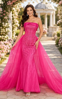 Hot Pink Strapless Beaded Tulle Mermaid Sweep Train Luxury Pageant Dress