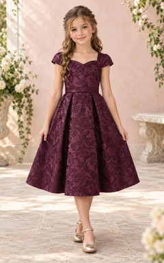 Tea-length Plum Sweetheart Cap Sleeve Floral Jacquard Flower Girl Dress